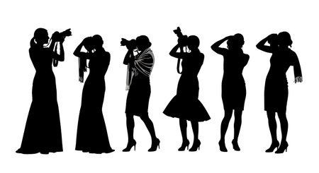Black Solid Female Photographer in Dress Silhouettes Set of Six on White Background isolated on plain white background.のイラスト素材