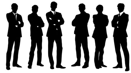 Black Solid Confident Business Man Silhouettes Set of Six on White Background isolated on plain white background.のイラスト素材