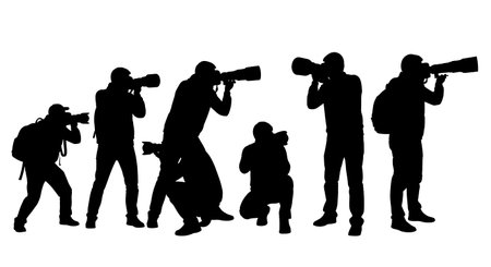 Black Solid Wide Angle Photographer Silhouettes Set of Six on White Background isolated on plain...