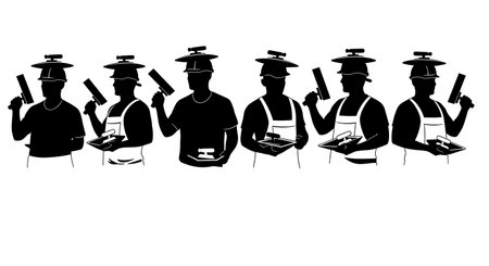 Black Solid Worker Mortar Board Silhouettes Set of Six on White Background isolated on plain white background.のイラスト素材