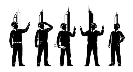 Black Solid Worker Pointing Up Silhouettes Set of Six on White Background isolated on plain white background.のイラスト素材