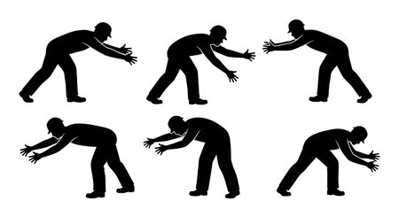 Black Solid Worker Reaching Silhouettes Set of Six on White Background isolated on plain white background.のイラスト素材