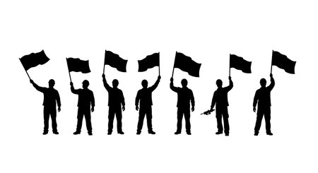 Black Solid Worker Waving Flag Silhouettes Set of Six on White Background isolated on plain white...
