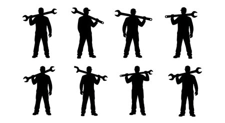 Black Solid Worker Wrench Shoulder Silhouettes Set of Six on White Background isolated on plain white background.のイラスト素材