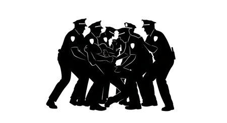 Black Solid Police Suspect Takedown Silhouettes Set of Six on White Background isolated on plain white background.のイラスト素材
