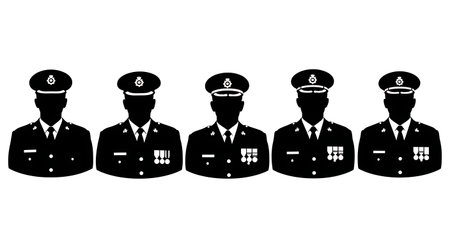 Black Solid Police Dress Uniform Silhouettes Set of Six on White Background isolated on plain white background.のイラスト素材