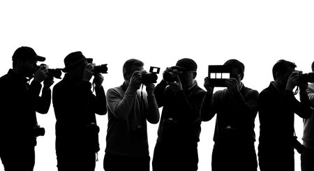 Black Solid Photographer with Loupe Silhouettes Set of Six on White Background isolated on plain...