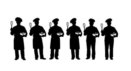 Black Solid Chef with Whisk and Bowl Silhouettes Set of Six isolated on plain white background.のイラスト素材