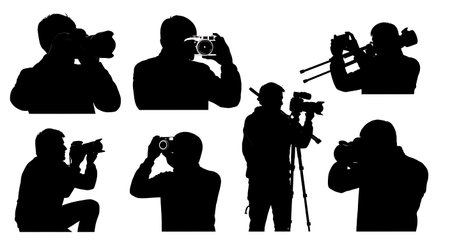 Black Solid Speaker With Camera Silhouettes Set of Six on White Background isolated on plain white...