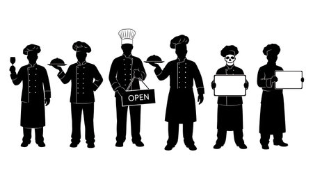 Black Solid Chef Holding Sign Silhouettes Set of Six isolated on plain white background.のイラスト素材