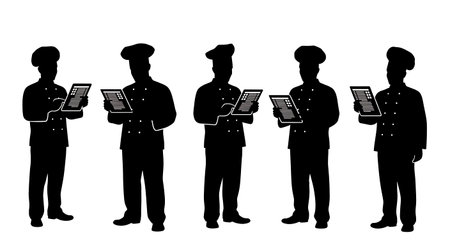 Black Solid Chef with Tablet Silhouettes Set of Six isolated on plain white background.のイラスト素材
