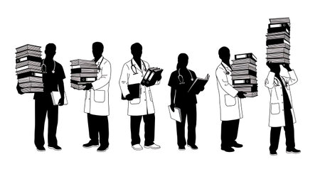 Black Solid Doctor Carrying Files Silhouettes Set of Six isolated on plain white background.