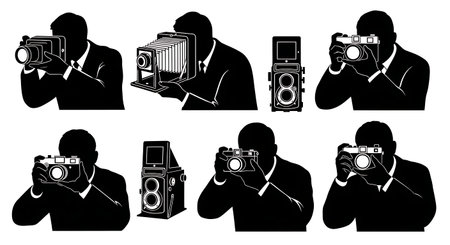 Black Solid Vintage Photographer Silhouettes Set of Six on White Background isolated on plain white background.のイラスト素材