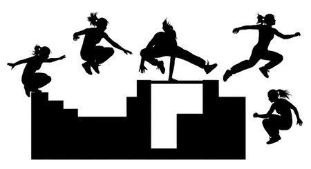 Black Solid Hurdle Jump Running Woman Silhouettes Set of Six on White Background isolated on plain white background.のイラスト素材
