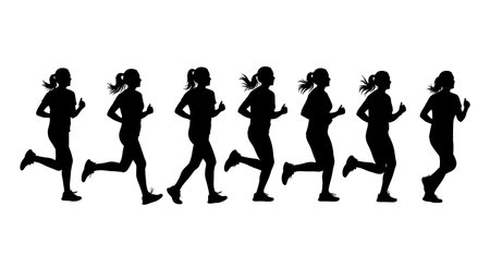 Black Solid Jogging Woman Side View Silhouettes Set of Six on White Background isolated on plain white background.のイラスト素材