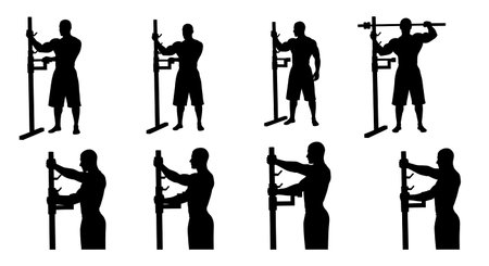 Black Solid Bodybuilder Lat Stretch Silhouettes Set of Six on White Background isolated on plain...