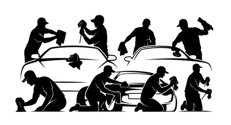 Black Solid Mechanic Cleaning Car Silhouettes Set of Six on White Background isolated on plain white background.のイラスト素材