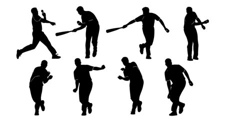 Cricket Off Spinner Bowling Action Silhouettes isolated on plain white background.のイラスト素材