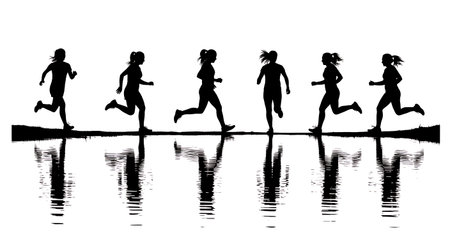 Black Solid Runner Jumping Puddle Silhouettes Set of Six on White Background isolated on plain white...