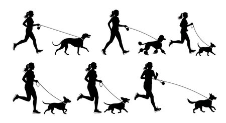 Black Solid Woman Jogging With Dog Silhouettes Set of Six on White Background isolated on plain white background.のイラスト素材