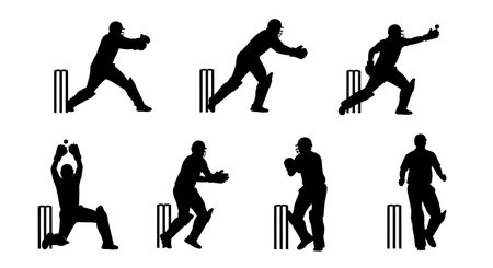 Cricket Wicketkeeper Stumping and Dismissal Silhouettes isolated on plain white background.