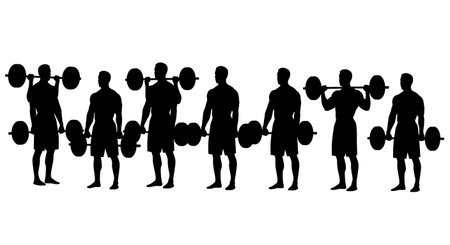 Black Solid Bodybuilder Upright Row Silhouettes Set of Six on White Background isolated on plain white background.のイラスト素材