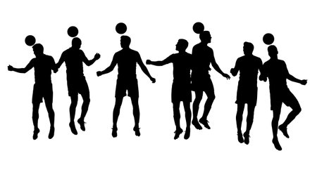 Football Player Aerial Header and Jumping Silhouettes Set isolated on plain white background.のイラスト素材