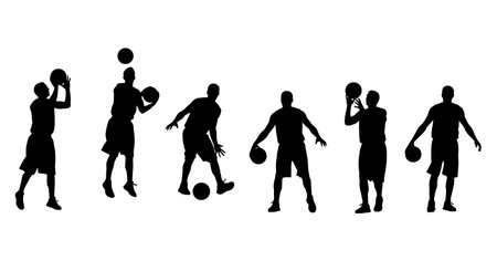 Black Solid Basketball Bounce Pass Silhouettes Set of Six on White Background isolated on plain white background.のイラスト素材