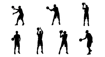 Black Solid Basketball Free Throw Silhouettes Set of Six on White Background isolated on plain white background.のイラスト素材