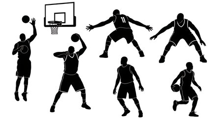Black Solid Basketball Rebounding Action Silhouettes Set of Six on White Background isolated on plain white background.のイラスト素材