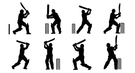 Cricket Batsman Upper Cut and Ramp Shot Silhouettes isolated on plain white background.