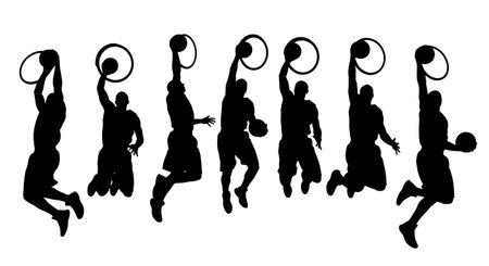 Black Solid Basketball Windmill Dunk Silhouettes Set of Six on White Background isolated on plain white background.のイラスト素材