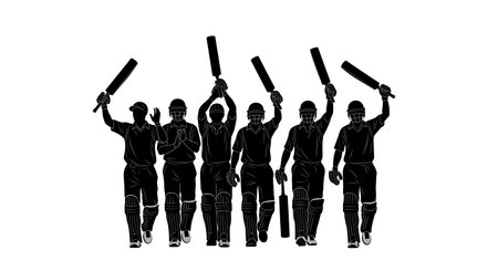 Cricket Batsman Waving Bat Silhouettes isolated on plain white background.