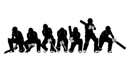 Cricket Batsman Ducking and Evading Silhouettes isolated on plain white background.