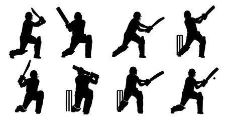 Cricket Batsman Forward Defense Silhouettes isolated on plain white background.
