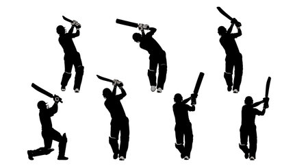 Cricket Batsman Lofted Straight Drive Silhouettes isolated on plain white background.