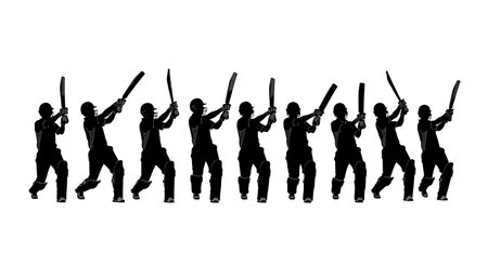 Cricket Batsman Backfoot Punch Silhouettes isolated on plain white background.