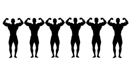 Black Solid Bodybuilder Front Double Bicep Poses Set of Six on White Background isolated on plain white background.のイラスト素材