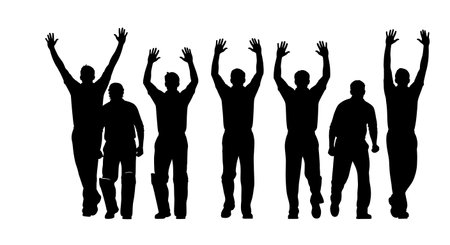 Cricket Bowler Appealing and Shouting Silhouettes isolated on plain white background.のイラスト素材