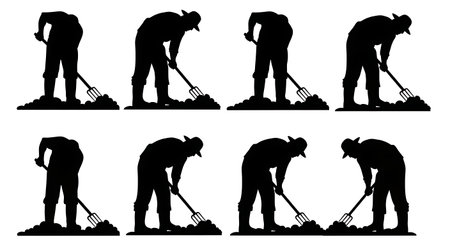 Black Solid Farmer Digging Potato Silhouettes Set of Six on White Background isolated on plain white background.のイラスト素材