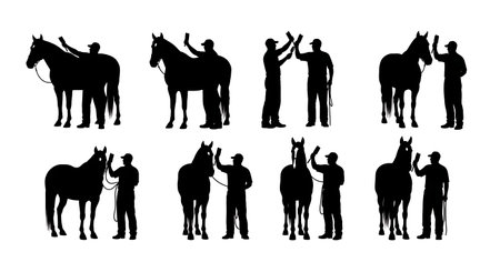 Black Solid Farmer Brushing Horse Silhouettes Set of Six on White Background isolated on plain white background.のイラスト素材