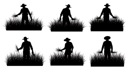Black Solid Farmer In Tall Grass Silhouettes Set of Six on White Background isolated on plain white background.のイラスト素材