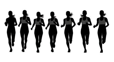 Black Solid Front View Jogging Woman Silhouettes Set of Six on White Background isolated on plain white background.のイラスト素材