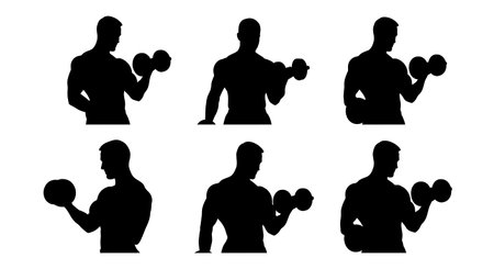 Black Solid Bodybuilder Wrist Curl Silhouettes Set of Six on White Background isolated on plain white background.のイラスト素材