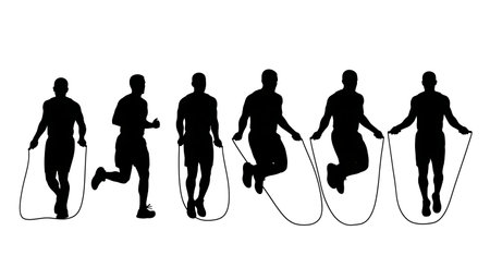Black Solid Jump Rope Running Silhouettes Set of Six on White Background isolated on plain white background.のイラスト素材