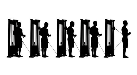 Black Solid Bodybuilder Pallof Press Silhouettes Set of Six on White Background isolated on plain...