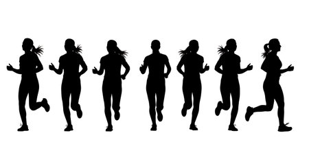 Black Solid Runner Open Palms Silhouettes Set of Six on White Background isolated on plain white background.のイラスト素材
