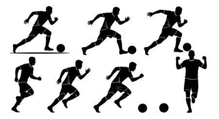 Black Solid Soccer Player Running Silhouettes Set of Six on White Background isolated on plain white background.のイラスト素材