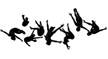 Football Player Somersault Backflip Celebration Silhouettes isolated on plain white background.のイラスト素材
