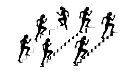 Black Solid Stair Climbing Runner Silhouettes Set of Six on White Background isolated on plain white background.のイラスト素材